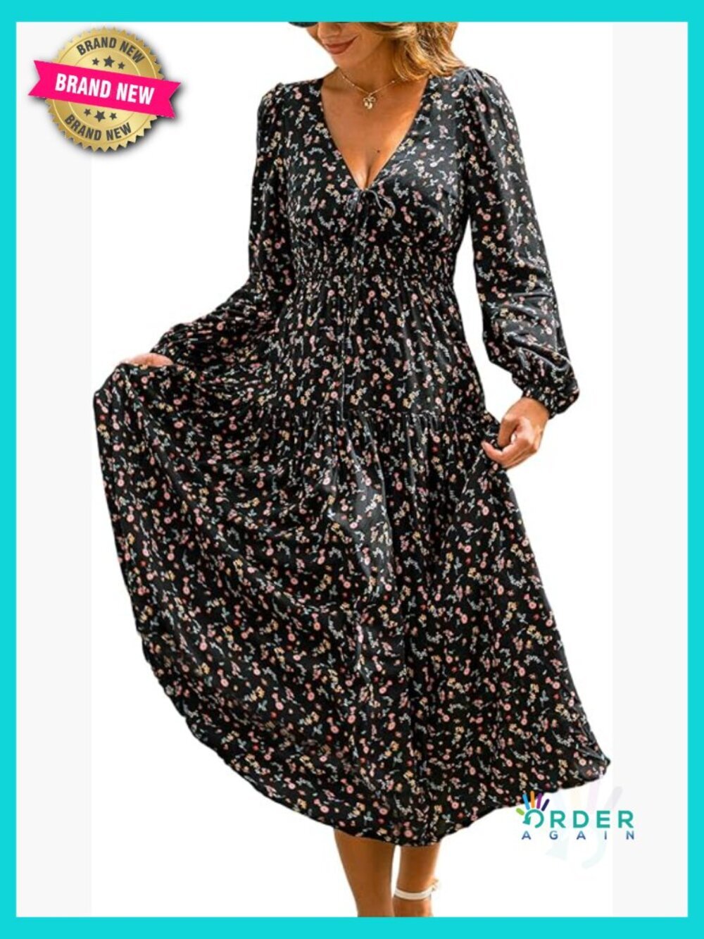 V Neck Maxi Dress Flowy Smocked Waist Long Sleeve Formal Guest